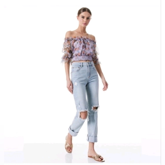 ALICE + OLIVIA Caprina Silk Puff Sleeve Off Shoulder Crop Top Size Small NWOT - Picture 8 of 15